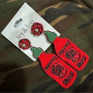 Ivy & Leo Sriracha Hot Chili Sauce Bottle Earrings Beaded NEW Red Green